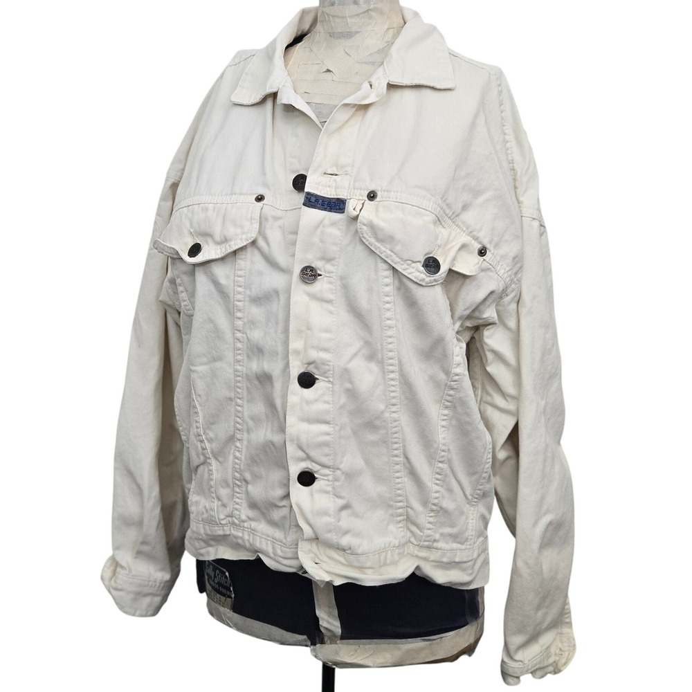 VINTAGE L.A. Gear Oversized Trucker Jacket White Denim 90s Boxy Fit 44" XL